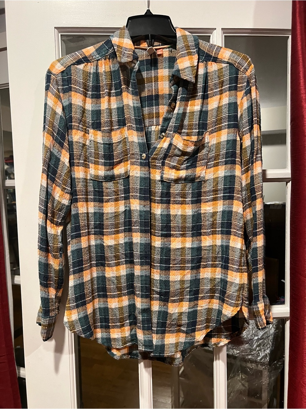Pilcro Teal, Orange & White Plaid Long-Sleeve Button-Down Shirt